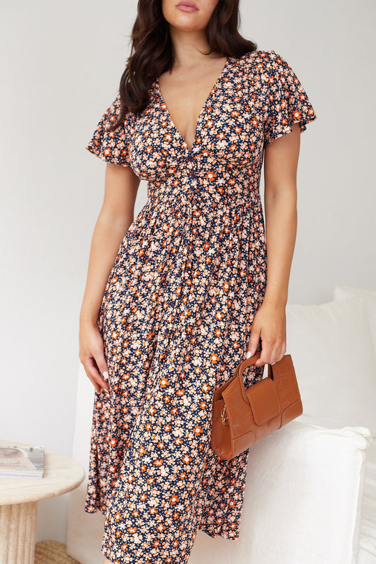 Navy Floral Prints Midi Veck Dress